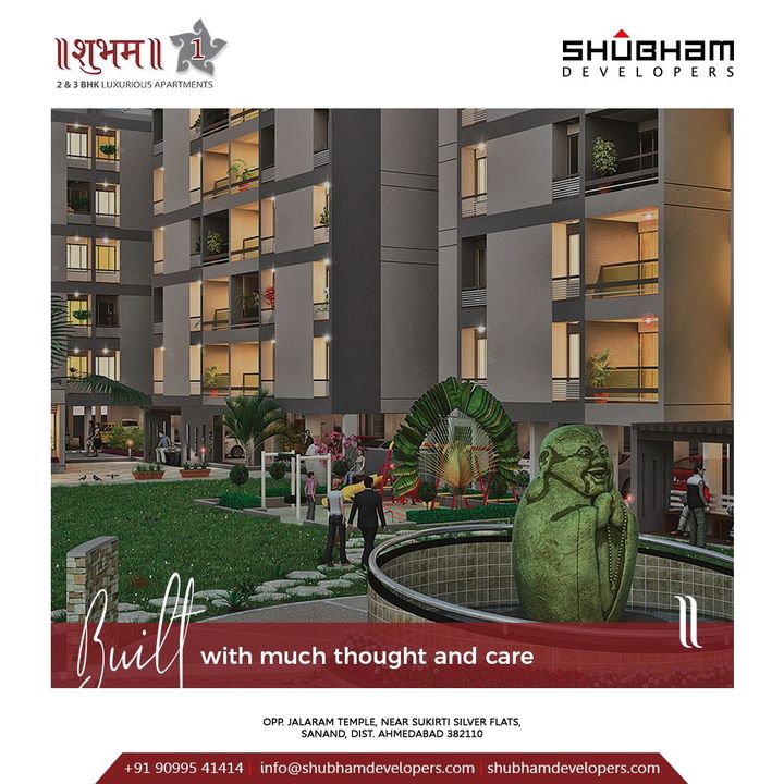 The fresh open air balconies, the lively ergonomically designed homes, the serene landscaped gardens and the full-proof security will leave you with a feeling of satisfaction and fulfilment. Where you can't help but think, life is complete.

#SoulfulLiving #Fresh #GreenLiving #LiveWithNature #Nature #GoGreen #HappyHomes #Family #HappyFamily #HomeWithNature #HappyNature #NatureSpecial #Shubham1 #SolemnlyDesigned #Sanand #Mehsana #ShubhamDevelopers #RealEstate #Gujarat #India