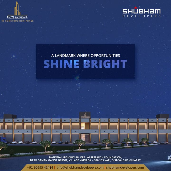 Move your flourishing business to a landmark where opportunities shine bright. Book your space today at the one and only Royal Landmark Industrial Hub.

#RoyalLandmark #Commercial #ShubhamDevelopers #RealEstate #Gujarat #India