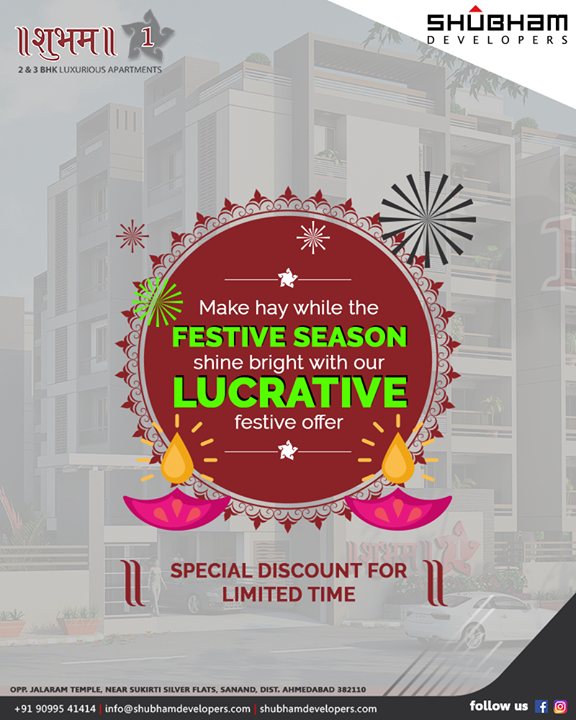 Hey the modern house enthusiasts and the potential house buyers, it's time to double your celebration with our lucrative festive offer. Make hay while the sun shines and get your space booked at #Shubham1 

#ShubhamOne #SolemnlyDesigned #Sanand #Mehsana #ShubhamDevelopers #RealEstate #Gujarat #India