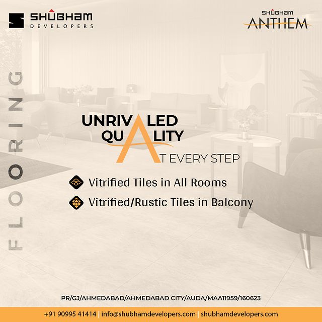 Experience unparalleled excellence with our top-tier flooring – a testament to quality at every step.

- Vitrified Tiles in All Rooms
- Vitrified/Rustic Tiles in Balcony
 
#flooring #interiordesign #homedecor #design #floor #architecture #interior #construction #4bhk #4BHKHomes #realestate #property #luxuryliving #apartments #home
#realestate #DreamHome #apartments #primelocation #ShubhamAnthem #Shela #Ahmedabad #Gujarat