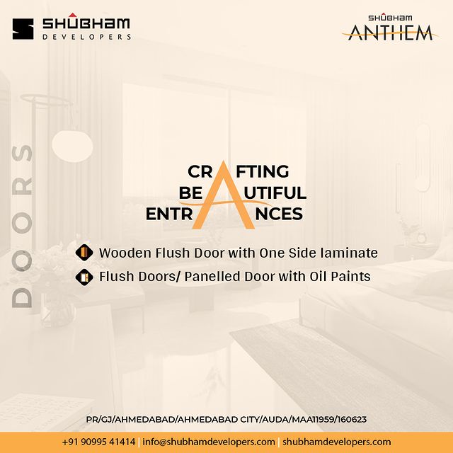 Experience the allure of our exquisite entrances! 

Each home is graced with a premium touch - the main door, a blend of sophistication with a wooden flush door adorned with laminate, while internal doors with flush or panelled options finished flawlessly with oil paints. 

#door #doors #doorsofinstagram #design #interiordesign #home #architecture #interior #construction #4bhk #4BHKHomes #realestate #property #luxuryliving #apartments #home
#realestate #DreamHome #apartments #primelocation #ShubhamAnthem #Shela #Ahmedabad #Gujarat